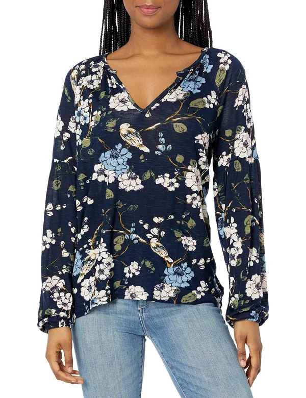 Lucky Brand Peasant Top 2 Women's Blouse Navy Multi : XL (US 12-14)