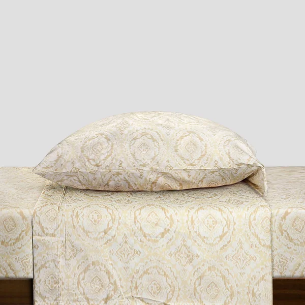 Trident Queen Printed Pattern 100% Cotton Peach Percale Sheet Set Beige Ikat - Feather Tales