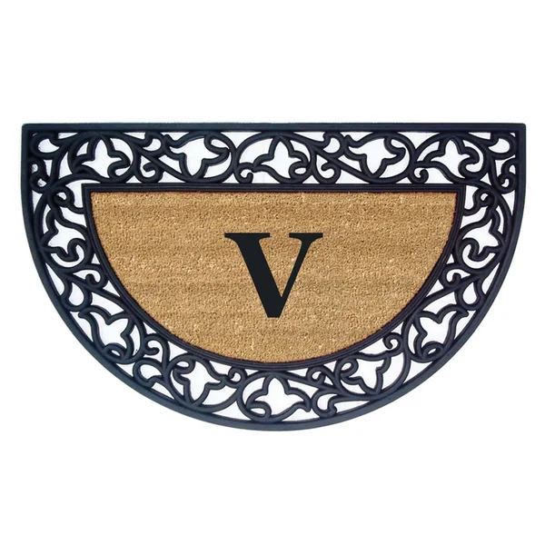 Nedia Home 18023V Acanthus Border 22 x 36 in. Half Round Rubber-Coir Doormat - Monogrammed V