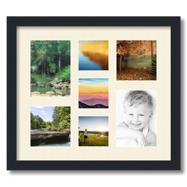 Collage Picture Frame, Satin Black Frame with 7 openings for 5x7 Photos with White Ivory Mat. D3926FY568, ArtToFrames