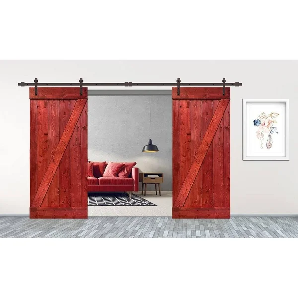 CALHOME 84 in. x 84 in. Z Bar Series Cherry Red Stained Solid Pine Wood Interior Double Sliding Barn Door with Hardware Kit