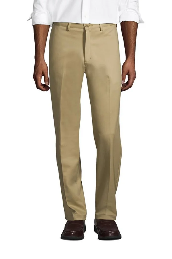 Men's Long Plain Front Comfort Waist No Iron Chino Pants - Lands& End - Tan - 34