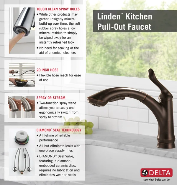 Delta Linden Single Handle Pull-Out Kitchen Faucet (Recertified), Bronze, 4353-RB-DST