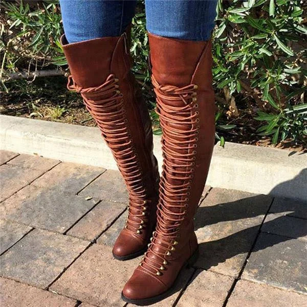 Floralmoda Camel PU Cross Strap Block Heel Knee High Boots, Brown, 11