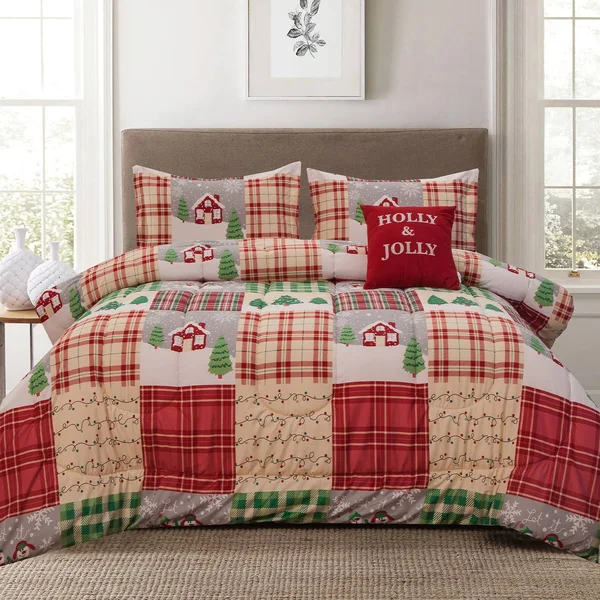 HowPlum Aubrie Home Holly Jolly Patchwork Plaid Snow Full/Queen Comforter Bedding Set - Red Tan Green