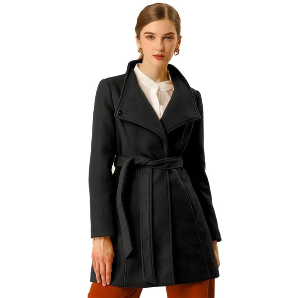 Women's Stand Collar Winter Belted Long Coat - Light Brown - Xs