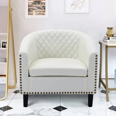 Accent Barrel Chair Living Room Chair with Nailheads and Solid Wood Legs Black PU Leather Red Barrel Studio Fabric: White Faux L
