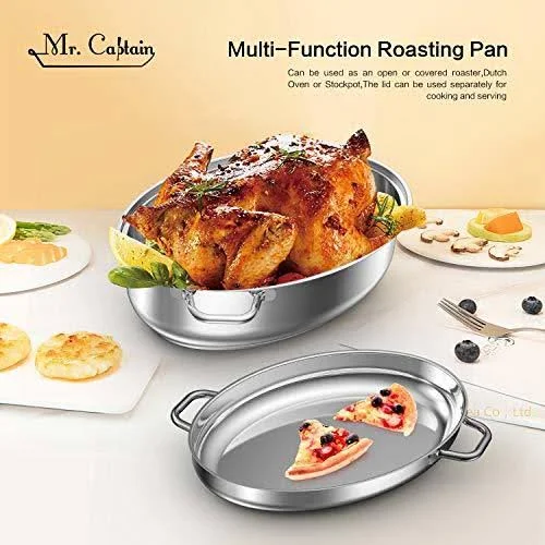 Mr Captain Roasting Pan with Rack and Lid 8.5 Quart, 18/10 Stainless Steel Multi-Use Oval Roaster, Induction Compatible Dishwasher