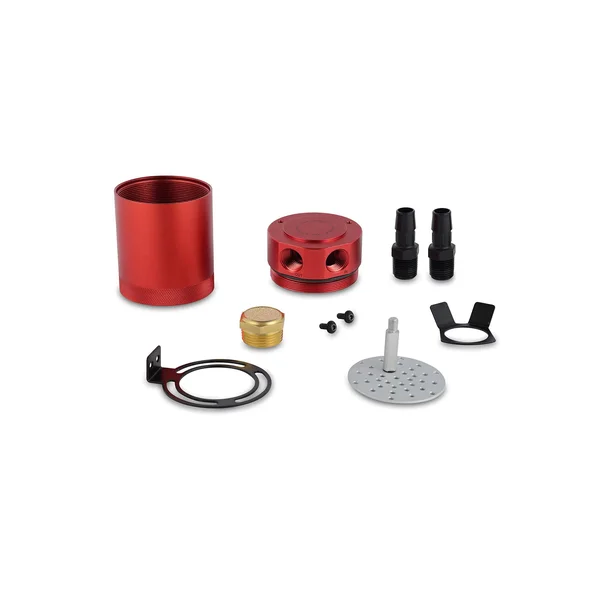 Mishimoto MMBCC-MSTWO-RD Baffled Oil Catch Can (Compact, 2-Port, Red)