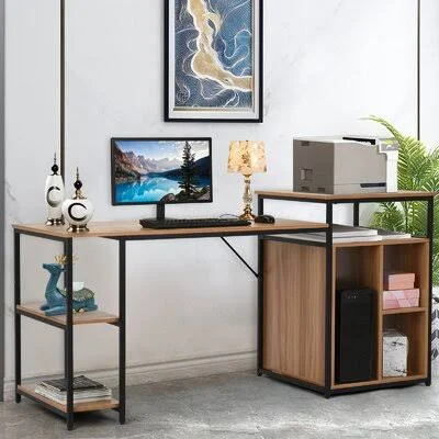 Computer Desk with Printer Stand - Shelf, Large Desk with Bookshelf 47in Desktop Latitude Run Color: Brown