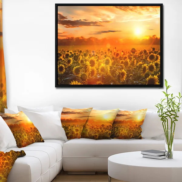 Designart 'Yellow Sunset Over Sunflowers' Floral Photography Framed Canvas Art - 20 in. Wide x 12 in. High - Black