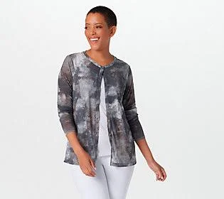 Logo Layers by Lori Goldstein Tie-Dye SheerMesh Cardigan, Size 3X, Black