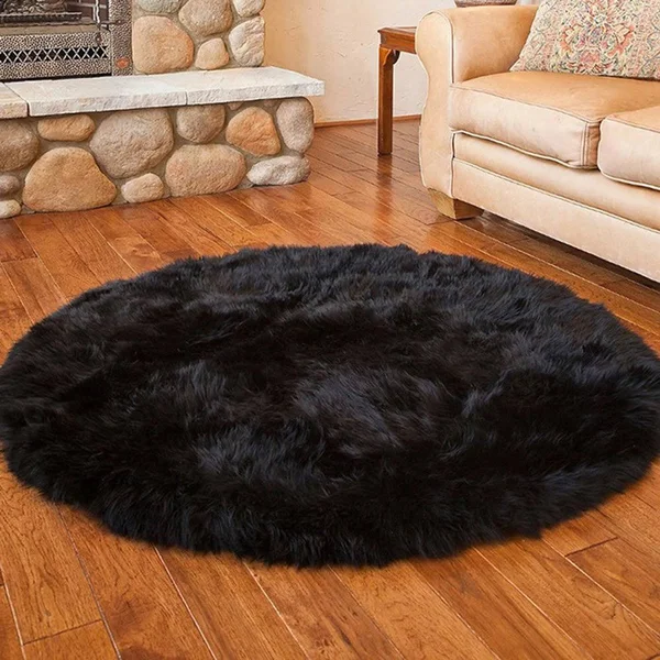 Pinkday Faux Sheepskin Area Rug Home Rugs Jungle Sheep Skin Rug Fluffy Rug Heavy and Thick Wool Round Rug 3 Feet Diameter (Black