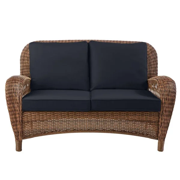 Hampton Bay Beacon Park Brown Wicker Outdoor Patio Loveseat with CushionGuard Midnight Navy Blue Cushions