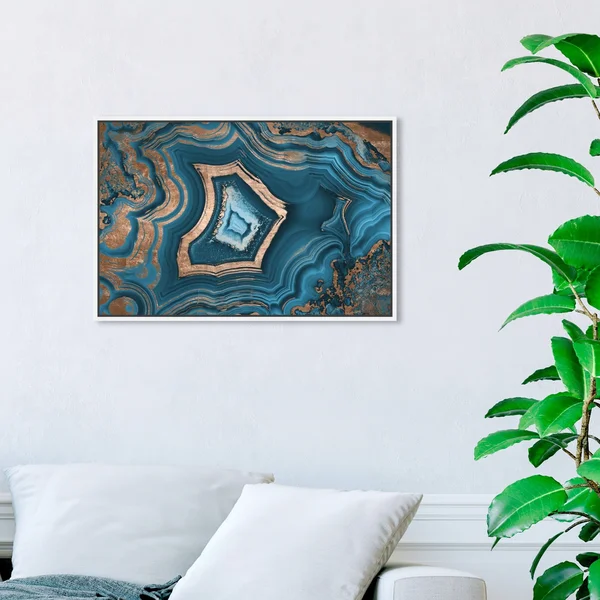 Oliver Gal Abstract Wall Art Framed Canvas Prints &Dreaming About You Geode& Crystals - Blue - Bronze (24 x 16 - White)