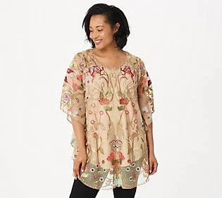 Tolani Collection Embroidered Mesh Caftan Tunic - Size Small, Beige