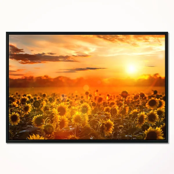 Designart 'Yellow Sunset Over Sunflowers' Floral Photography Framed Canvas Art - 20 in. Wide x 12 in. High - Black