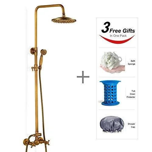 Antique Brass Bathroom Shower Faucet Set Brushed Gold Shower Fixture 8 inch Rain