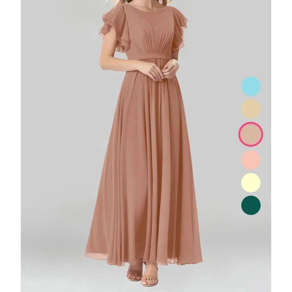 Azazie A-Line/Princess Scoop Floor-Length Chiffon Modest Bridesmaid Dresses - Champagne Rose