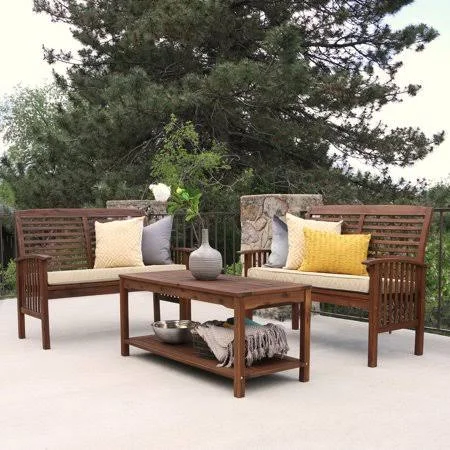 Manor Park 3-Piece Acacia Wood Patio Conversation Set, Dark Brown, Size: Coffee Table: 21 inch H x 50” W x 20” Loveseat: 37 inch