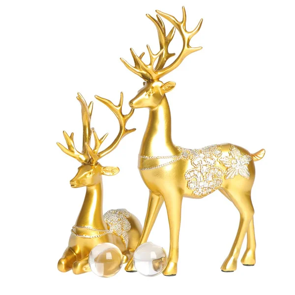 HEALLILY Christmas Reindeer Resin Sculpture Couple Deer Figurine Statue Home Office Decor 2pcs Champagne Gold