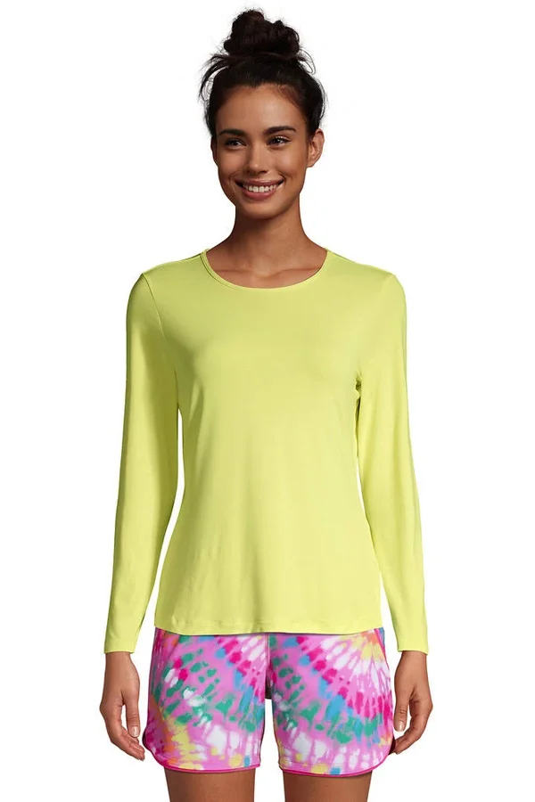 Women's Crew Neck Long Sleeve Rash Guard UPF 50 Sun Protection Modest Swim Tee - Lands& End - Yellow - M