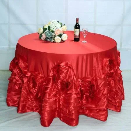 132 inch Red Large Rosette Round Lamour Satin Tablecloth
