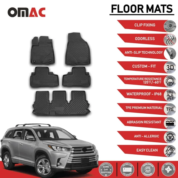 OMAC USA Complete Set Custom Fit All-Weather 3D Molded Black Rubber Floor Mat for Toyota Highlander 2014-2018