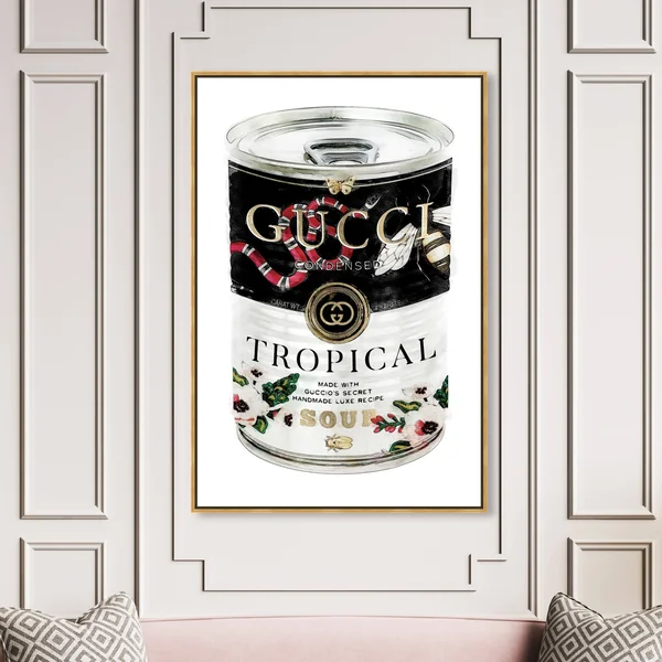 Oliver Gal Fashion and Glam Wall Art Framed Canvas Prints &Italian Luxe Soup& Soup Can - Black - White - 36 x 54 - Gold