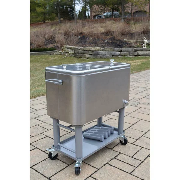 Oakland Living Stainless Steel 15 gal. Party Cooler Cart with Drain System Bottle Opener Caps Holder and Lock Wheels - Silver