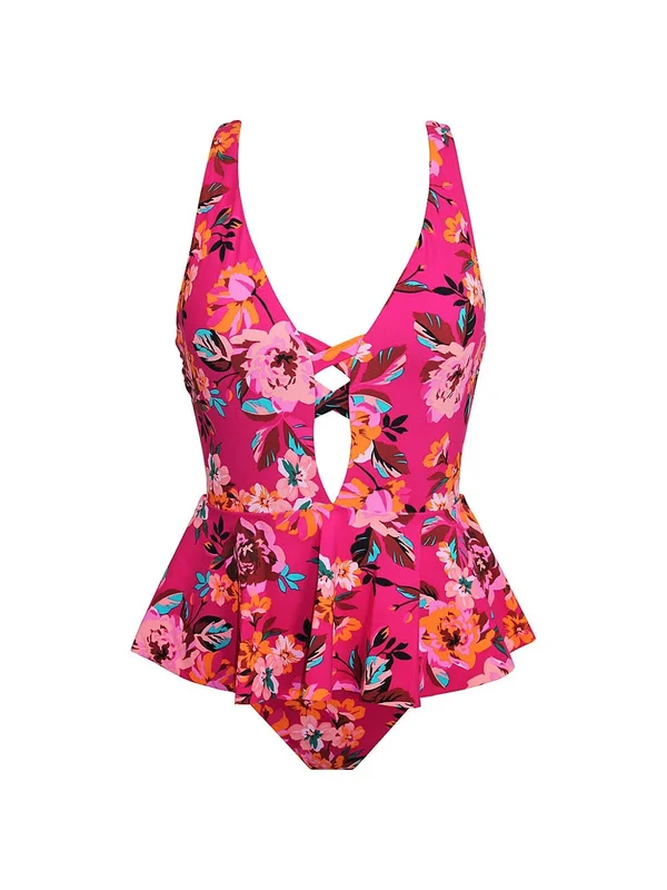 Skinny Dippers 6533349 Hot House Too Too Plunge Skirt One Piece Swimsuit, Punch