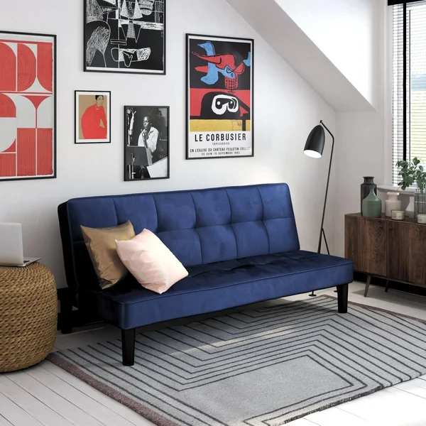 RealRooms Tyler Futon Convertible Couch, Blue Velvet