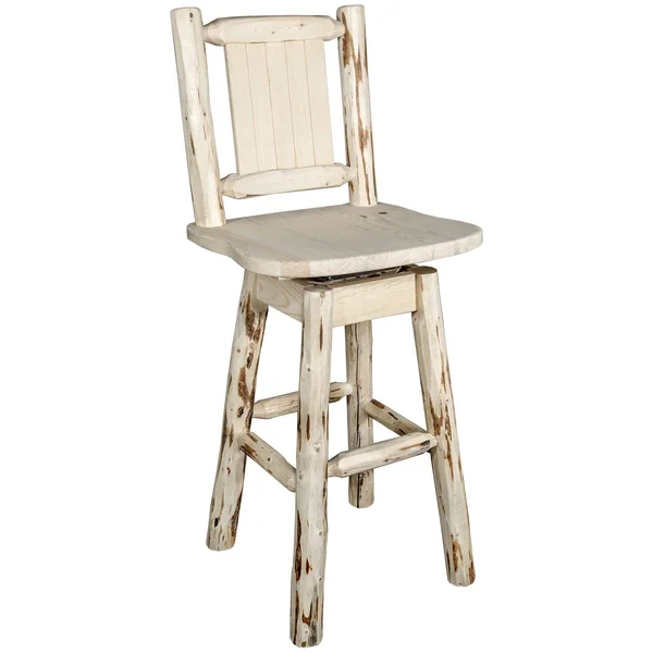 Montana Collection Barstool w/ Back & Swivel w/ Laser Engraved Wolf Design, Clear Lacquer Finish