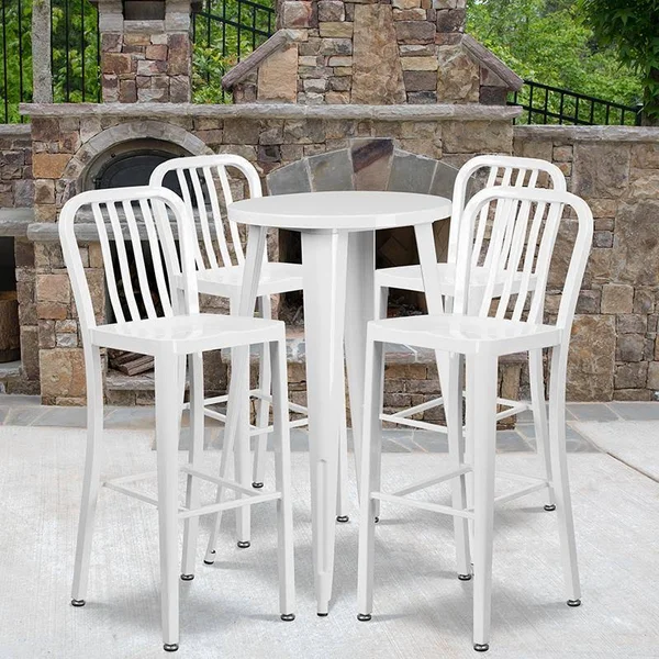 24'' Round White Metal Indoor-Outdoor Bar Table Set with 4 Ver