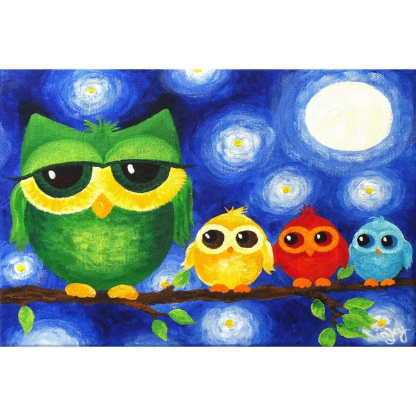 Marmont Hill 'Colorful Owls' by Nicola Joyner Painting Print Canvas Art - Yellow