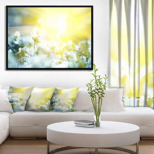 Designart 'Beautiful White Flowers at Sunrise' Large Flower Framed Canvas Wall Art - 20 in. Wide x 12 in. High