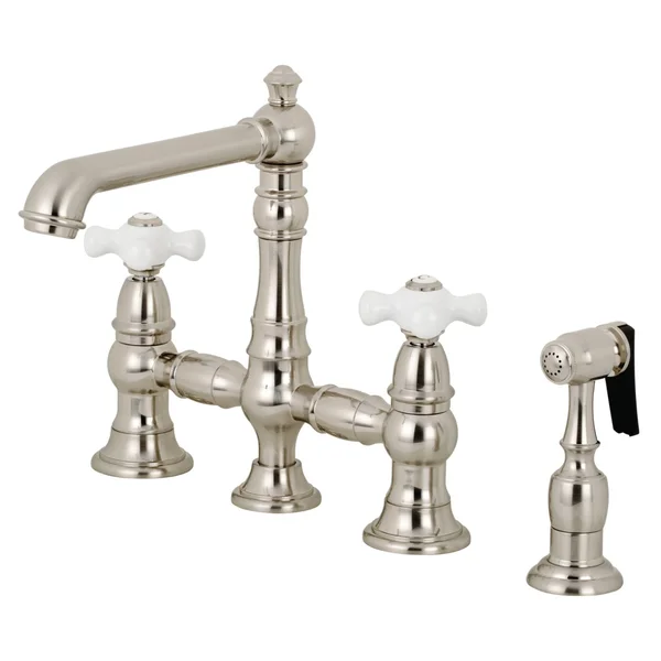 Kingston Brass KS7278PXBS English Country 8x22 Bridge Kitchen Faucet with Sprayer, Brushed Nickel