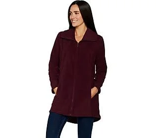 Denim & Co. Fleece Zip Front Long Sleeve Jacket with Hi-Low Hem - Size Small, Deep Burgundy