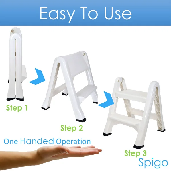 Spigo Heavy Duty 2-Tier Folding Step Stool Ladder - White, 22.5x20.5x19 Inches