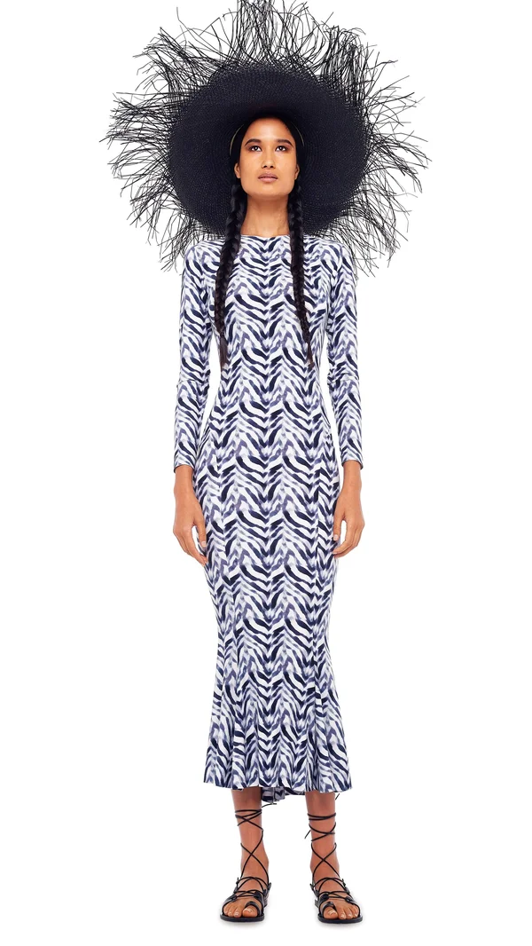 Norma Kamali Long Sleeve Fishtail Dress Chevron Zebra Xs