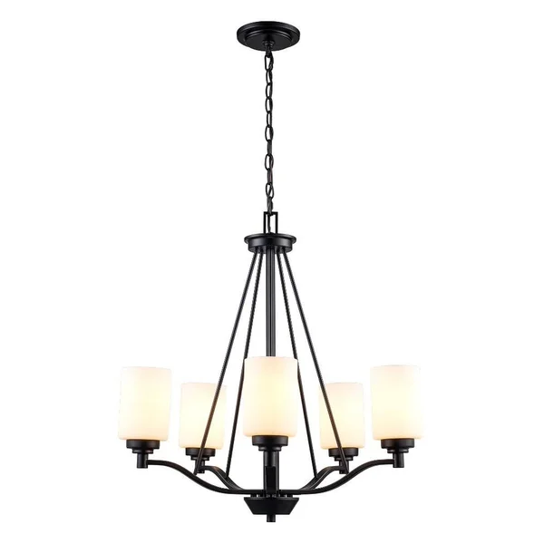 Bel Air Lighting Mod Pod 5-Light Black Chandelier with Frosted Glass Cylinder Shades 70525 BK
