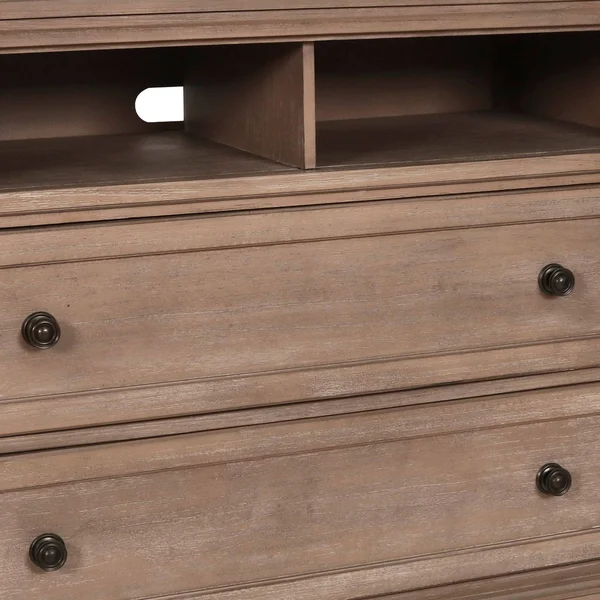 Benjara 2 Drawers Wooden Media Console with Open Compartment and Bun Feet - Brown