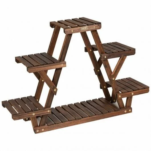 Costway Wood Plant Stand Triangular Shelf 6 Pots Flower Shelf
