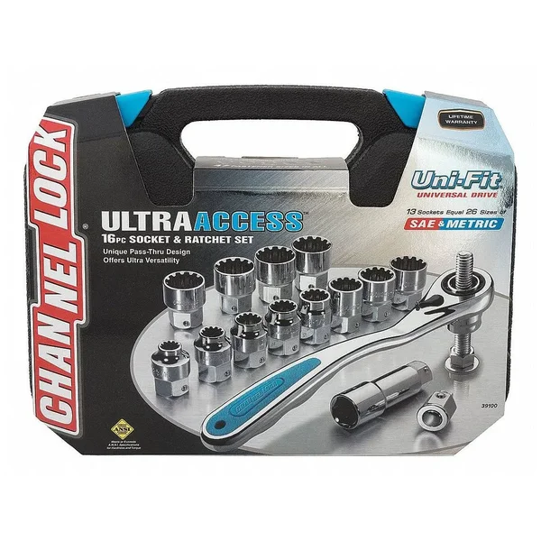 Channellock Pass-Thru Socket Set - 3/8x22 Dr, 16 PC 39100