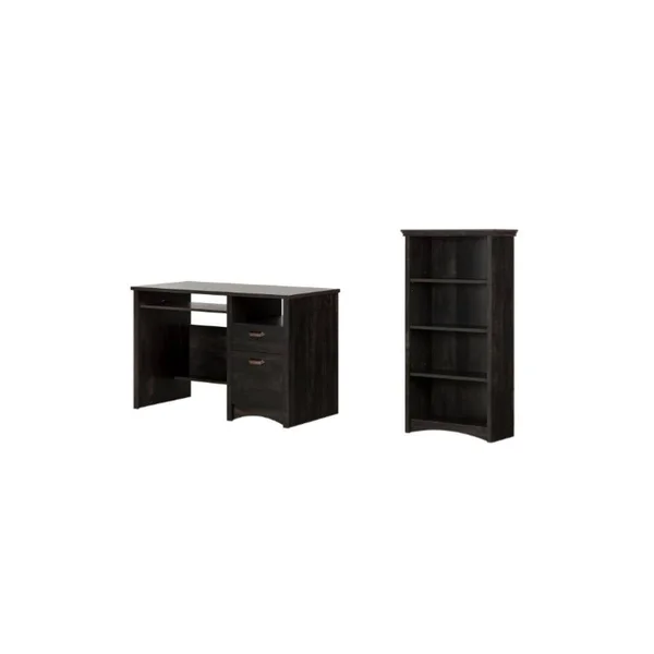 South Shore Gascony Desk and 4-Shelf Bookcase Set in Rubbed Black