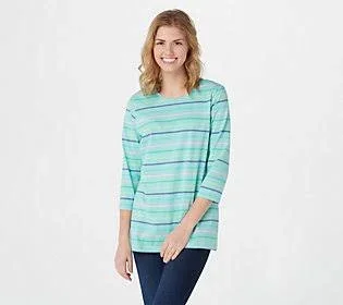 Denim & Co. Yarn Dye Striped Perfect Jersey Round Neck Top - Size Large, Light Aqua