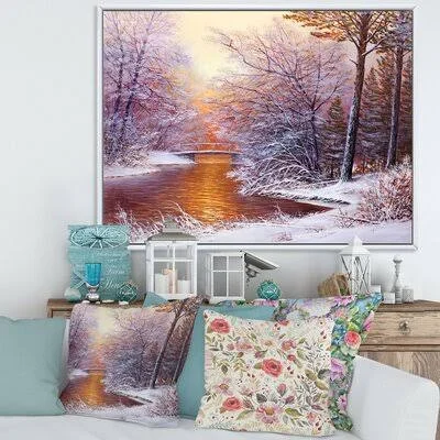 Christmas Forest with River and Trees II - Painting on Canvas East Urban Home Format: White Floater Frame, Size: 30x22 H x 40x22
