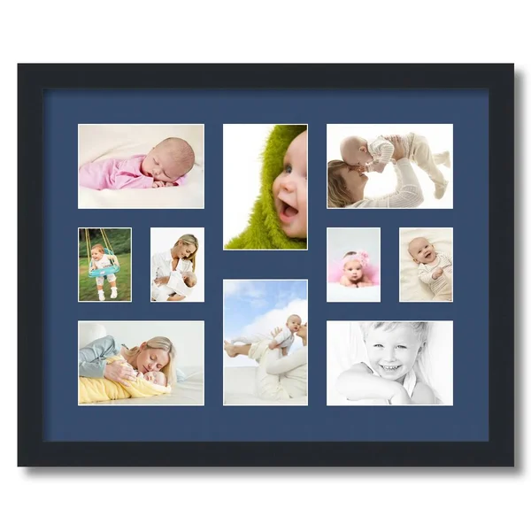 Collage Picture Frame, Satin Black Frame with 10 openings for 4x6 Photos with Delft Blue Mat. D3926FI401, ArtToFrames
