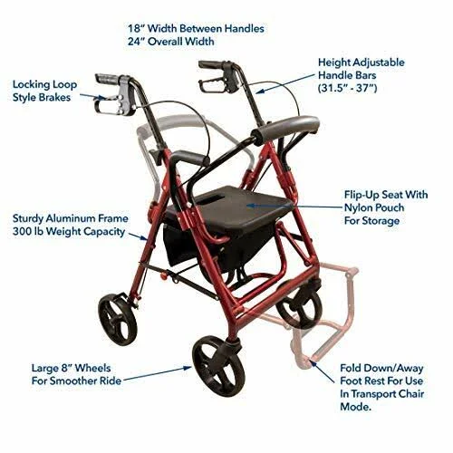 Roscoe Deluxe Transport Rollator Burgundy