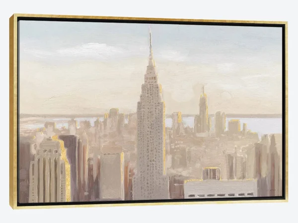 Framed Canvas Art (Gold Floating Frame) - Manhattan Dawn Gold and Neutral by James Wiens ( places > North America > Unit